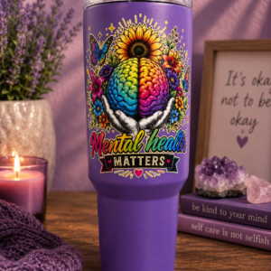 40oz tumbler featuring a Mental Health Matters UV DTF design with symbolic mental wellness artwork.