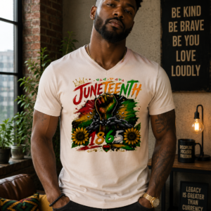 Juneteenth 1865 t-shirt featuring a raised fist, broken chains, and freedom-inspired artwork honoring African American history.
