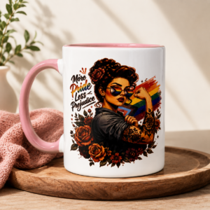 15oz ceramic coffee mug featuring a More Pride Less Prejudice empowerment design with decorative floral artwork.