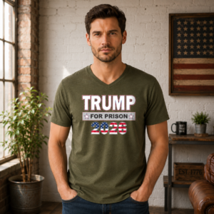 Political statement t-shirt featuring the phrase "Trump for Prison 2026" in a bold election-inspired graphic design.