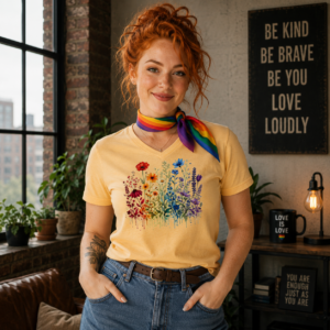 Botanical t-shirt featuring a watercolor wildflower garden inspired by Pride symbolism and themes of diversity and inclusion.