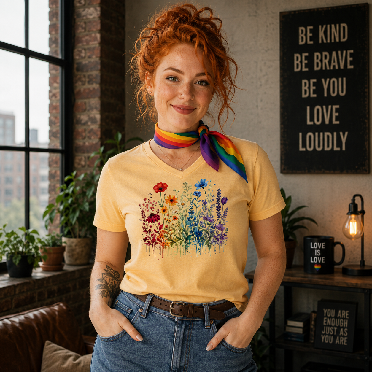 wildflowerpride Botanical t-shirt featuring a watercolor wildflower garden inspired by Pride symbolism and themes of diversity and inclusion.
