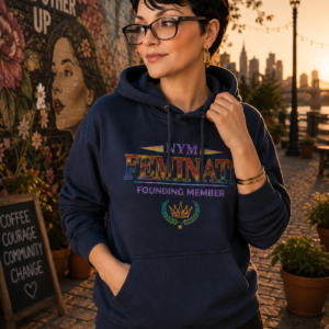 Graphic hoodie featuring the words "NYM Feminati Founding Member" with a decorative crown and laurel emblem.