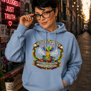Graphic hoodie featuring the Truth Brew Crew design with a phoenix rising from a teacup and decorative typography.
