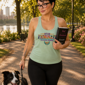 Graphic t-shirt featuring the words "NYM Feminati Founding Member" with a decorative crown and laurel emblem.