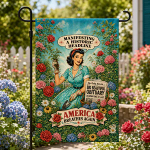 Vintage-inspired political satire garden flag featuring a retro-style gardener surrounded by floral artwork and patriotic-themed typography.