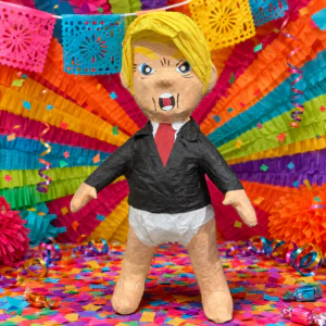 Handmade 2-foot paper mache Trump piñata standing upright with a cartoon-inspired design.