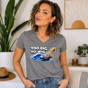 Woman wearing a Too Big to Wig t-shirt featuring a humorous political parody illustration.