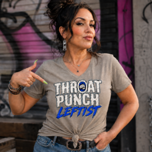 Woman wearing a Throat Punch Leftist t-shirt featuring bold statement lettering and a punch graphic.