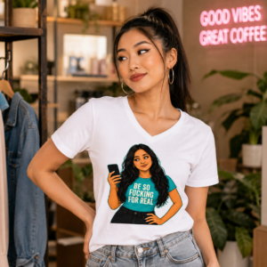 Woman wearing the Not Your Podcast Jenni “Be So Fucking For Real” t-shirt featuring an illustrated executive producer holding a phone.