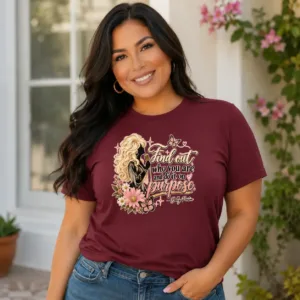 Dolly Parton remembrance t-shirt featuring an inspirational quote with floral, butterfly, and country-inspired artwork.
