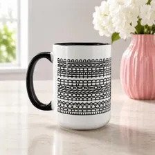 15oz ceramic FDT mug featuring a repeating tribal-inspired geometric hidden message design.